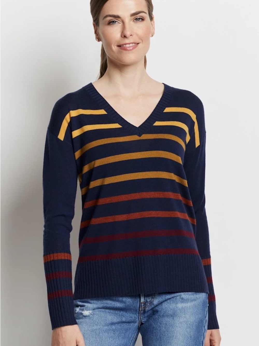 Pendleton Women's Navy V-Neck Striped Sweater - Navy & Mustard Size Medium